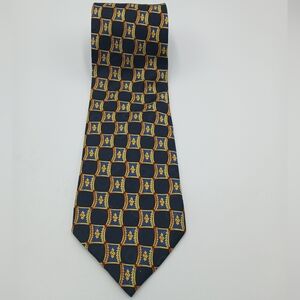 Marco Polo Men's Navy and Gold Patterned Silk Tie
